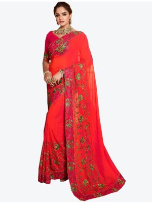 Bright Red Dola Silk Designer Saree small FABSA20775