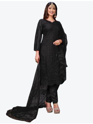 Black Net Semi Stitched Designer Suit with Dupatta small FABSL20298