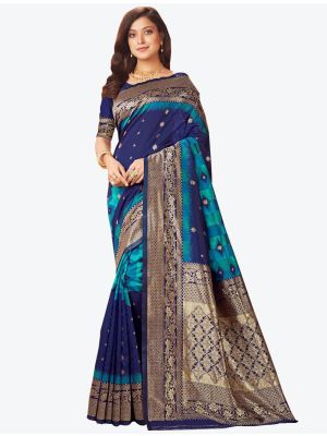 Dark Blue Banarasi Pure Silk Designer Saree small FABSA20924