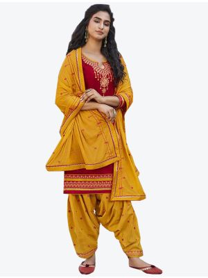 Dark Red Cotton Patiala Suit with Dupatta small FABSL20318