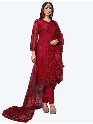 Dark Red Net Semi Stitched Designer Suit with Dupatta small FABSL20301