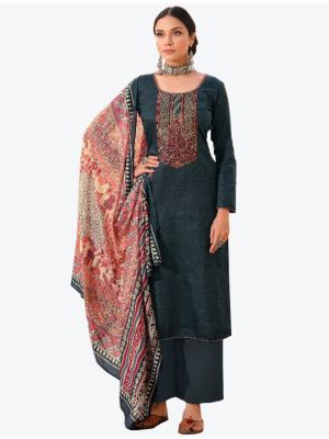 Denim Blue Cotton Semi Stitched Plazzo Suit with Dupatta small FABSL20342