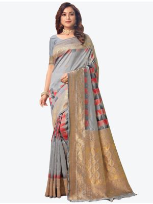 Light Grey Banarasi Pure Silk Designer Saree small FABSA20920