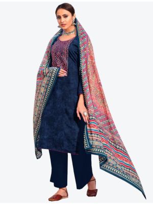Navy Blue Cotton Semi Stitched Plazzo Suit with Dupatta small FABSL20346