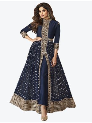 Navy Blue Georgette Semi Stitched Designer Suit small FABSL20293