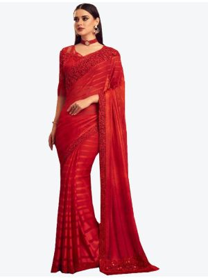 Bright Red Silk Designer Saree small FABSA20958