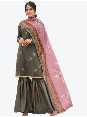 Dark Grey Crepe Silk Sharara Suit with Dupatta small FABSL20372