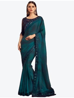 Dark Teal Silk Designer Saree small FABSA20971