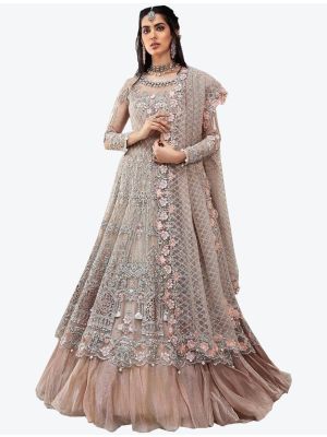 Dusty Pink Embroidered Net Semi Stitched Floor Length Suit with Dupatta small FABSL20361
