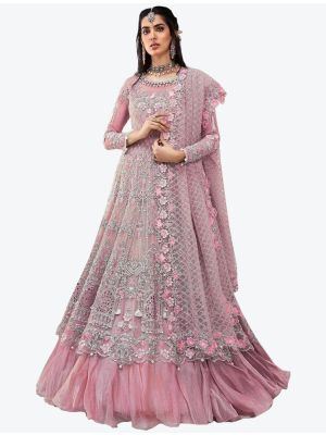 Light Pink Embroidered Net Semi Stitched Floor Length Suit with Dupatta small FABSL20363
