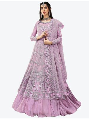 Light Purple Embroidered Net Semi Stitched Floor Length Suit with Dupatta small FABSL20362