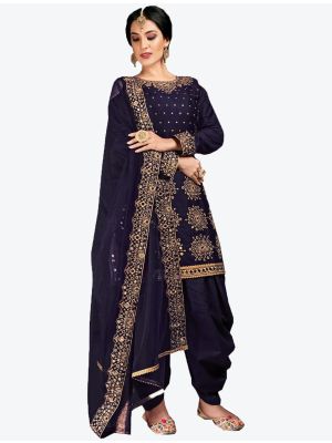 Navy Blue Jam Cotton Patiala Suit with Dupatta small FABSL20375