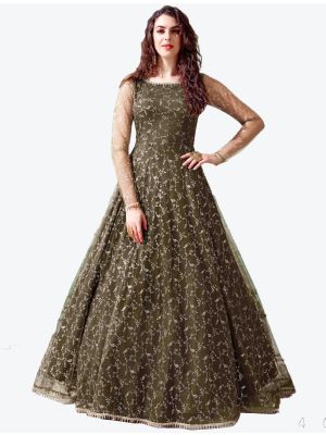 olive green net designer gown   swatch fabgo20073