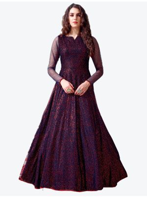 patterned navy blue net designer gown   swatch fabgo20068