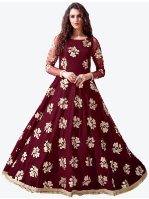 rosewood maroon net designer gown   swatch fabgo20072