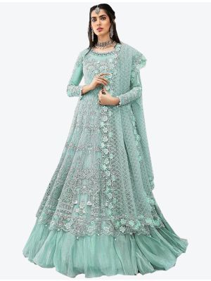 Sky Blue Embroidered Net Semi Stitched Floor Length Suit with Dupatta small FABSL20364