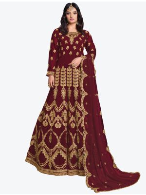 Maroon Faux Georgette Semi Stitched Anarkali Floor Length Suit with Dupatta small FABSL20424