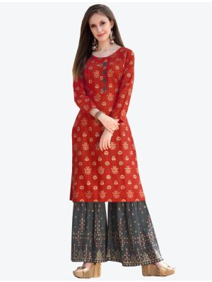 red fine rayon kurti with sharara bottom fabku20302