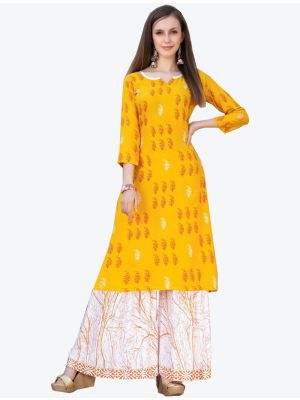 yellow fine rayon kurti with sharara bottom fabku20307