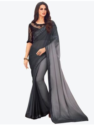 Blakish Grey Digital Printed Chiffon Designer Saree small FABSA21062