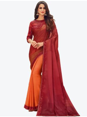 Brick Red Digital Printed Chiffon Designer Saree small FABSA21064