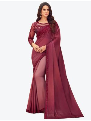 Burgundy Digital Printed Chiffon Designer Saree small FABSA21057