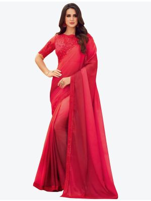 Reddish Pink Digital Printed Chiffon Designer Saree small FABSA21052