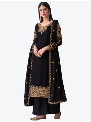 Black Pure Georgette Diamond Embroidered Palazzo Suit small FABSL20482