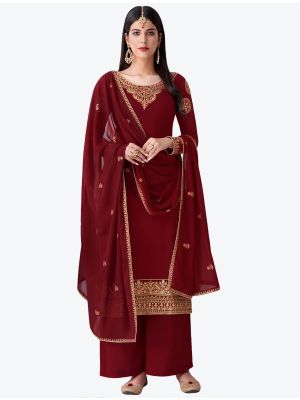 Deep Red Pure Georgette Diamond Embroidered Palazzo Suit small FABSL20478