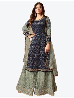 Navy Blue Heavy Jacquard Diamond Embroidered Palazzo Suit small FABSL20484