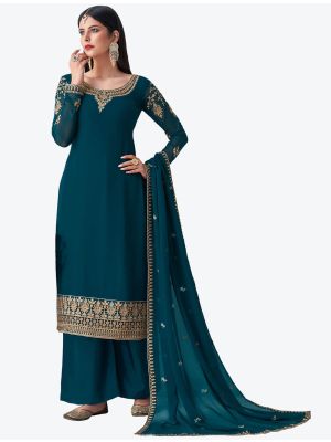 Teal Blue Pure Georgette Diamond Embroidered Palazzo Suit small FABSL20483