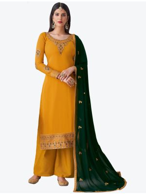 Warm Yellow Pure Georgette Diamond Embroidered Palazzo Suit small FABSL20479