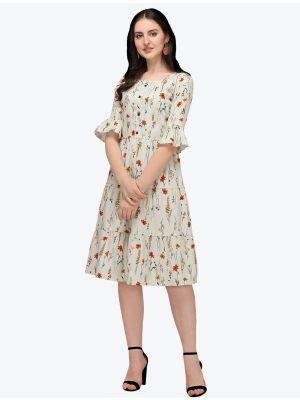 creamy white printed jaipuri cotton indo western style frock fabku20439