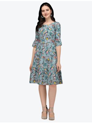flowered blue printed jaipuri cotton indo western style frock fabku20438
