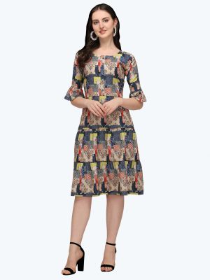 multicolored blue printed jaipuri cotton indo western style frock fabku20442