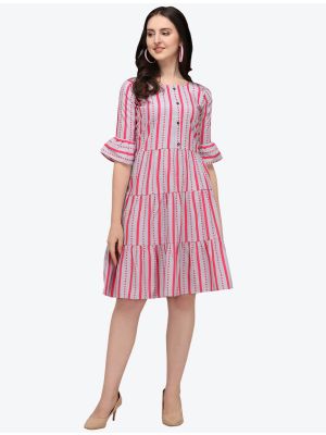 pink and grey printed jaipuri cotton indo western style frock fabku20433
