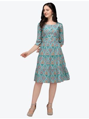 sky blue printed jaipuri cotton indo western style frock fabku20437