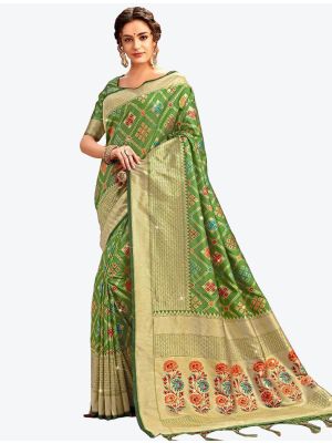 Bright Green Embroidered Zalar Work Banarasi Silk Designer Saree small FABSA21127
