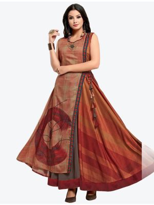 earthy brown rayon cotton printed designer gown   fabgo20095