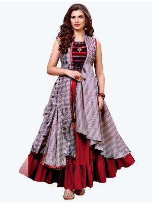 grey and maroon rayon cotton printed designer gown   fabgo20092