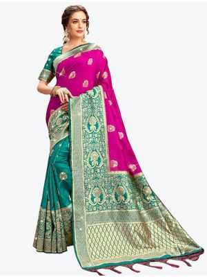 Magenta and Teal Embroidered Zalar Work Banarasi Silk Designer Saree small FABSA21134