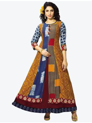 multicolored mustard rayon cotton printed designer gown   fabgo20090