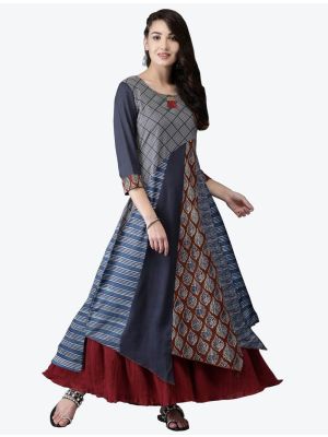 patterned blue rayon cotton printed designer gown   fabgo20091