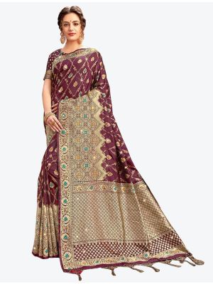 Wine Embroidered Zalar Work Banarasi Silk Designer Saree small FABSA21129