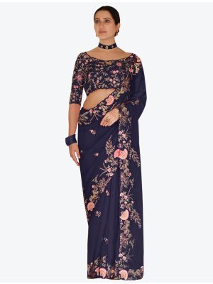 Deep Blue Premium Organza Festive Wear Designer Saree small FABSA21216