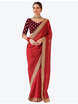 Glazy Red Premium Organza Festive Wear Designer Saree FABSA21209