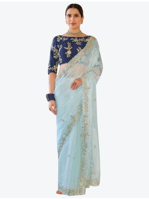 Mint Blue Premium Organza Festive Wear Designer Saree small FABSA21207
