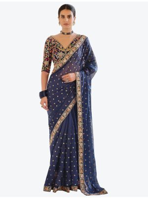 Navy Blue Premium Organza Festive Wear Designer Saree small FABSA21206