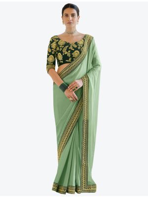 Pista Green Premium Organza Festive Wear Designer Saree small FABSA21212
