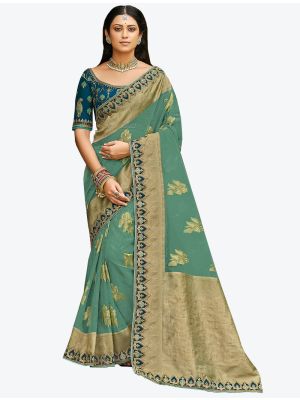 Aqua Blue Premium Organza Silk Party Wear Designer Saree small FABSA21297